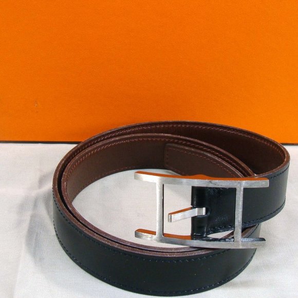 AUTH HERMES INDIANA THIN H LEATHER BELT & BUCKLE - Picture 1 of 10